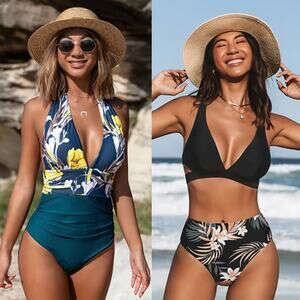 NWT Cupshe Ruched Halter 1 PC & Cutout V Neck Mid Rise Bikini Set BUNDLE Sz L